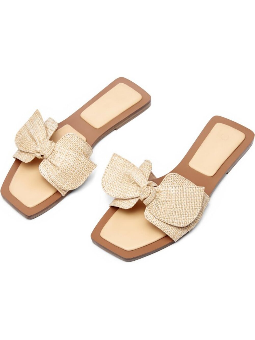 Women's Apricot Soft Faux Leather Bow Knot Square Open Toe Slides Slip On Shoes